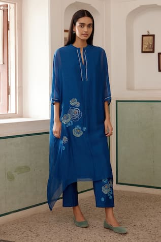 Vaayu Floral Applique Work Asymmetric Kurta & Pant Set 