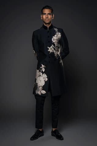 Monochrome Floral Print Sherwani 