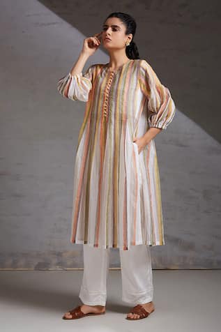 SHIKHA MALIK Stripe Hand Block Print Kurta With Pant 