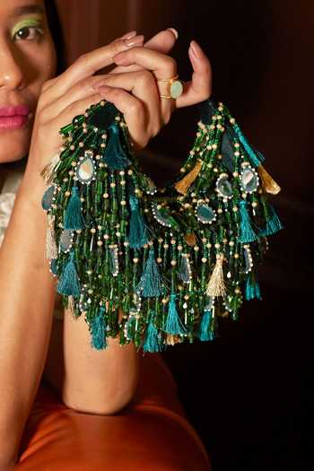 FOREVER NOOR Emerald Velvet Handbag with Mirror Charms 