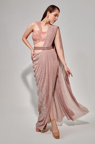 One Knot One By Ashna Abstract Beads Embroidered Blouse & Pre-Draped Saree 