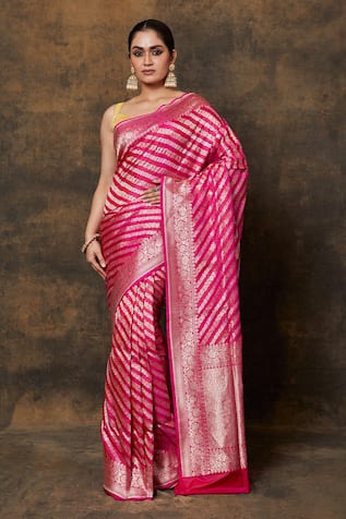 Pinki Sinha Woven Floral Stripe Saree With Running Blouse Piece 