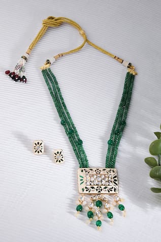 Floral Square Pendant Bead Necklace Set 