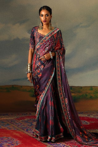 Rajdeep Ranawat Saavi Folklore Bloom Print & Embellished Saree With Blouse 