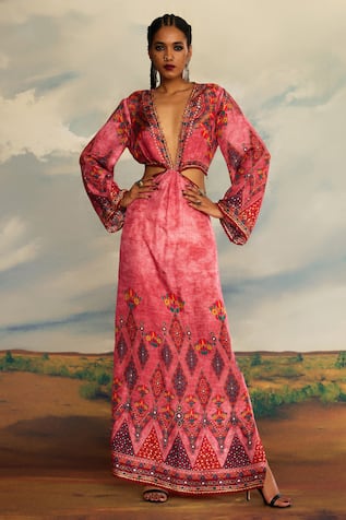 Rajdeep Ranawat Shaya Primitive Bloom Print & Embroidered Maxi Dress 