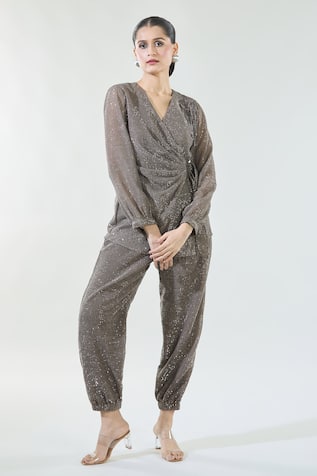 Babita Malkani Sequin Detailed Overlapping Top & Pant Co-Ord Set 