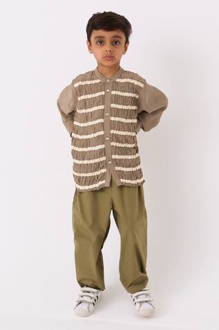 Three Smocked Stripe Work Shirt With Pant 