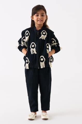 Three Fringe Embroidered Bomber Jacket With Pant 