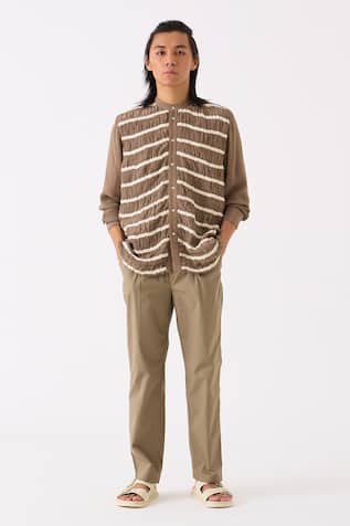 Three Smocked Detailed Shirt & Front Pleat Pant Set 