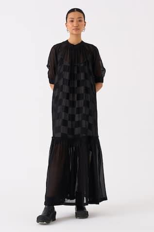 Three Frilly Hem Sheer Dress With Checkered Slip 