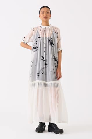 Three Frilly Hem Lily Print Sheer Dress With Slip 