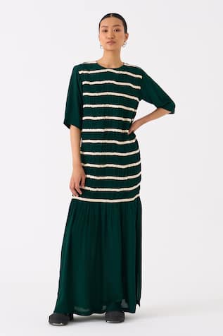 Three Shirring Twill Tape Embellished Smocked Maxi Dress 