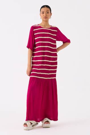 Three Shirring Twill Tape Embellished Smocked Dress 