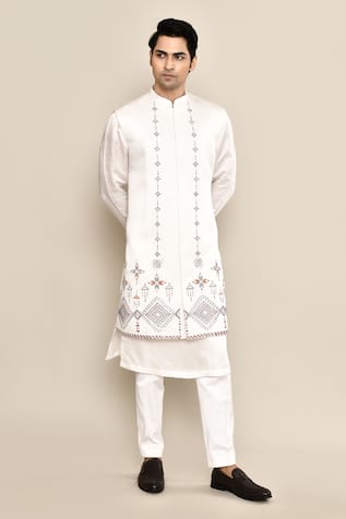 Ivory Stripe Embroidered Bundi & Kurta Set 