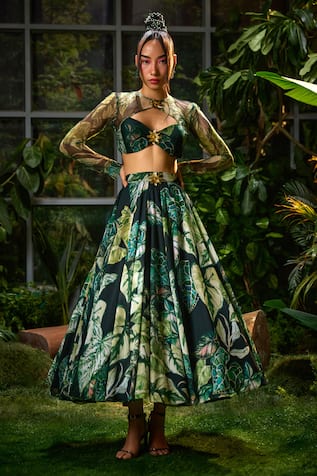 Payal & Zinal Tropical Forest Print Lehenga With Cutout Blouse 