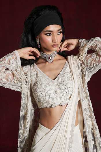 Buy Ivory Net, Georgette Sequins, Cut Work Hala Pre-draped Saree