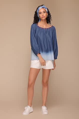 Payal Jain Peasant Ombre Denim Top 