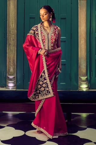 PUNIT BALANA Johari Patchwork Border Embroidered Saree With Waistcoat 