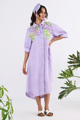 Studio Moda India Floral Bouquet Applique Work Shirt Dress 