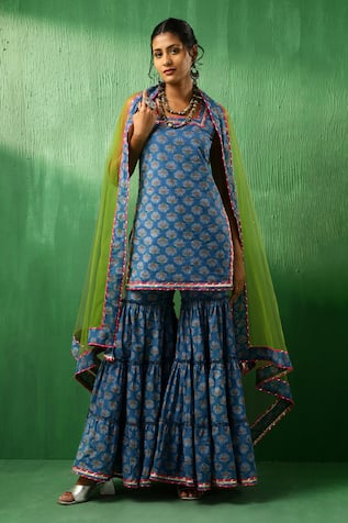 Pomcha Jaipur Lotus Pattern Kurta Sharara Set 