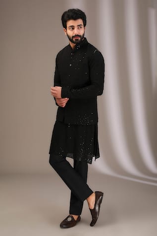Rabani & Rakha Black Sequin Embroidered Bundi & Kurta Set 