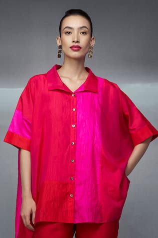 Nachiket Barve Color Block Crushed Silk Shirt 