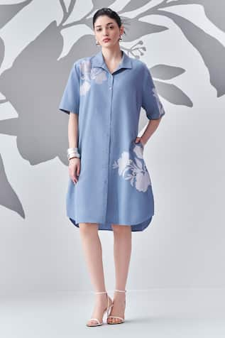 Nachiket Barve Denim Floral Embroidered Shirt Dress 