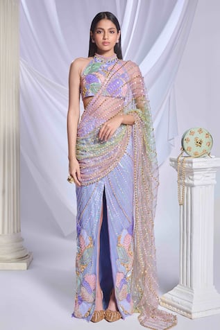 Papa Don't Preach Moonlit Melody Embroidered Pre-Draped Saree With Tie Up Blouse 