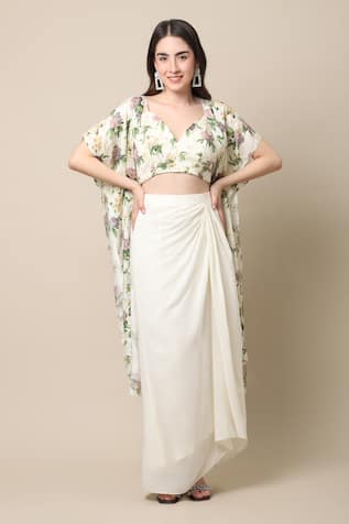 Ewoke Draped Dhoti Skirt Set With Floral Print Jacket 