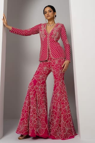 Charu And Vasundhara Vahin Trellis Embroidered Blazer With Sharara 