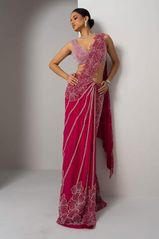 Charu And Vasundhara Valena Pre-Draped Floral Embroidered Saree With Blouse 
