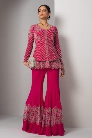 Charu And Vasundhara Valma Layered Trellis Work Jacket With Sharara 