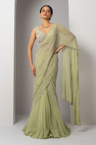 Charu And Vasundhara Vanny Floral Embroidered Pre-Draped Saree With Blouse 
