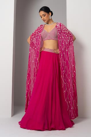 Charu And Vasundhara Volga Hand Embroidered Cape Skirt Set 