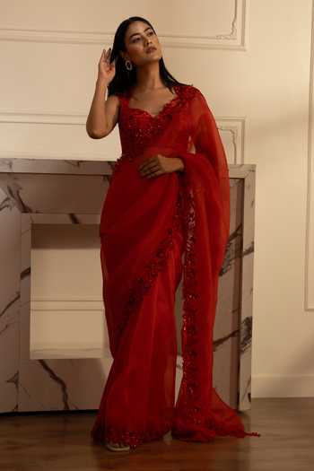 House Of Karmah Floral Embroidered Cascade Saree With Blouse 