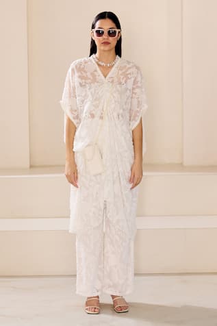 Lavanya Ahuja Pearl Embroidered Sheer Jacquard Kaftan With Pant 