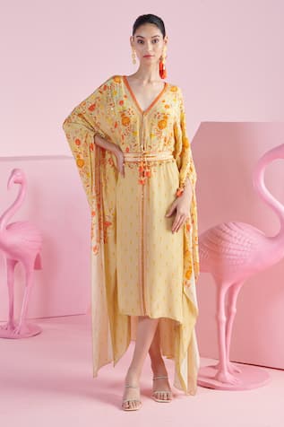 Mandira Wirk Blossom Cluster Print Asymmetric Kaftan With Belt 