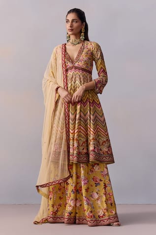 Kalista Kushnaz Chevron Rosa Print & Embellished Anarkali Set 