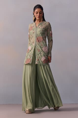 Kalista Fidah Floral Applique Jacket Sharara Set 