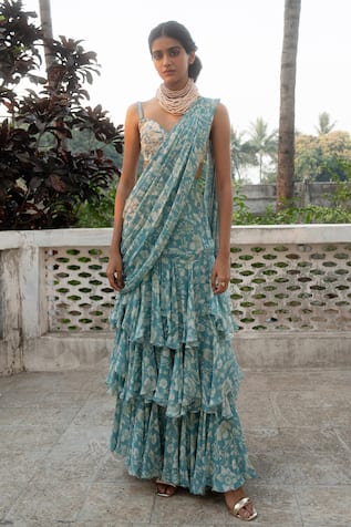 Paulmi and Harsh Ivy Bloom Print Pre-Draped Ruffle Saree With Blouse 