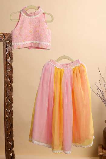 Casa Ninos Floral Embroidered Blouse With Lehenga 
