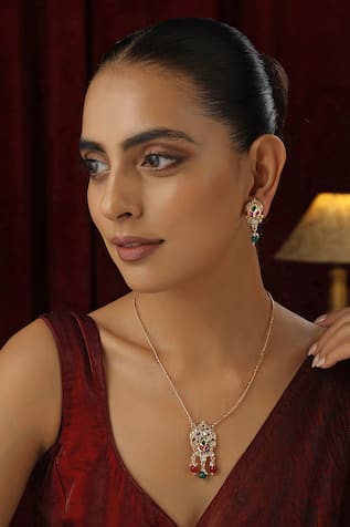 Stone Studded Pendant Chain Necklace Set 