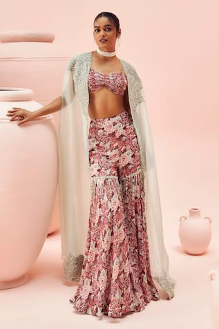 Bhumika Sharma Abstract Floral Print Gharara Set With Cape 