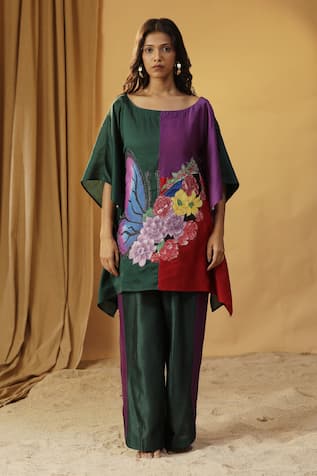 arpita sulakshana Butterfly Hand Painted Color Block Kaftan With Pant 