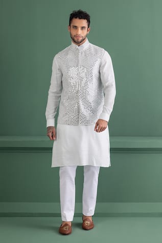 Amit Arora Blue Mirror Embroidered Bundi Kurta Set 