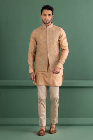 AMIT ARORA Tonal Embroidered Bundi Kurta Set 