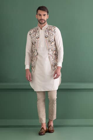 Amit Arora Ivory Abstract Embroidered Bundi Kurta Set 