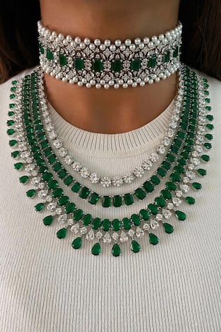 Maharani Emerald Swarovski Choker Layered Necklace Set 