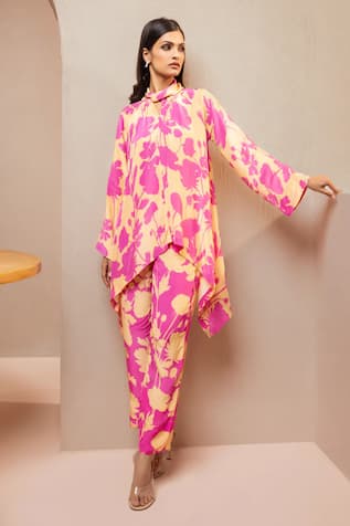 Dohr India Floral Print Asymmetric Tunic & Pant Set 