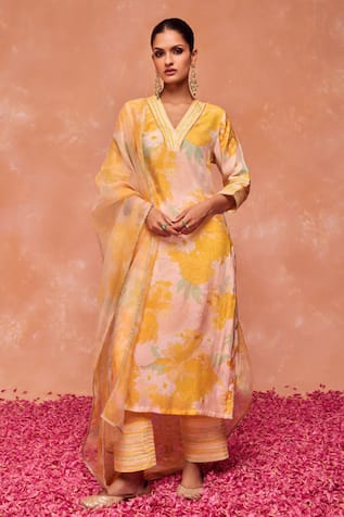 Dohr India Juhi Floral Embroidered Straight Kurta & Palazzo Set 